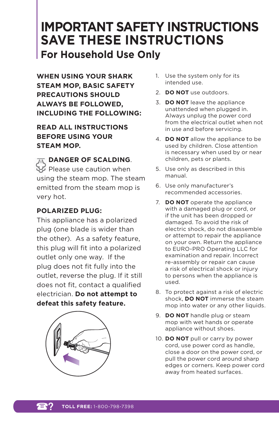For household use only | Shark STEAM POCKET S3601 User Manual | Page 2 / 18