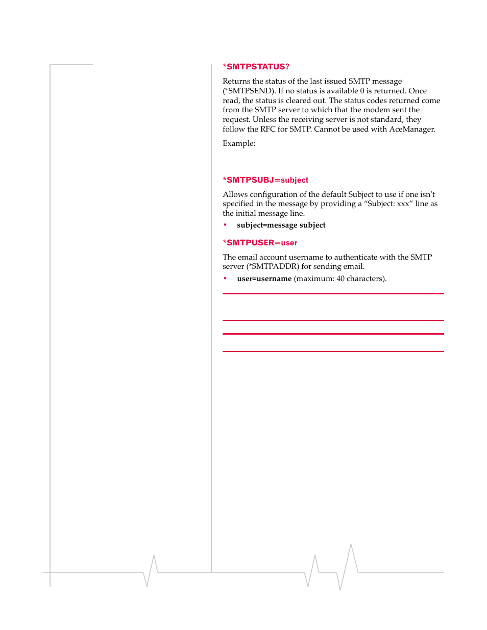 Smtpstatus? *smtpsubj=subject *smtpuser=user | Sierra Raven EDGE User Manual | Page 100 / 141