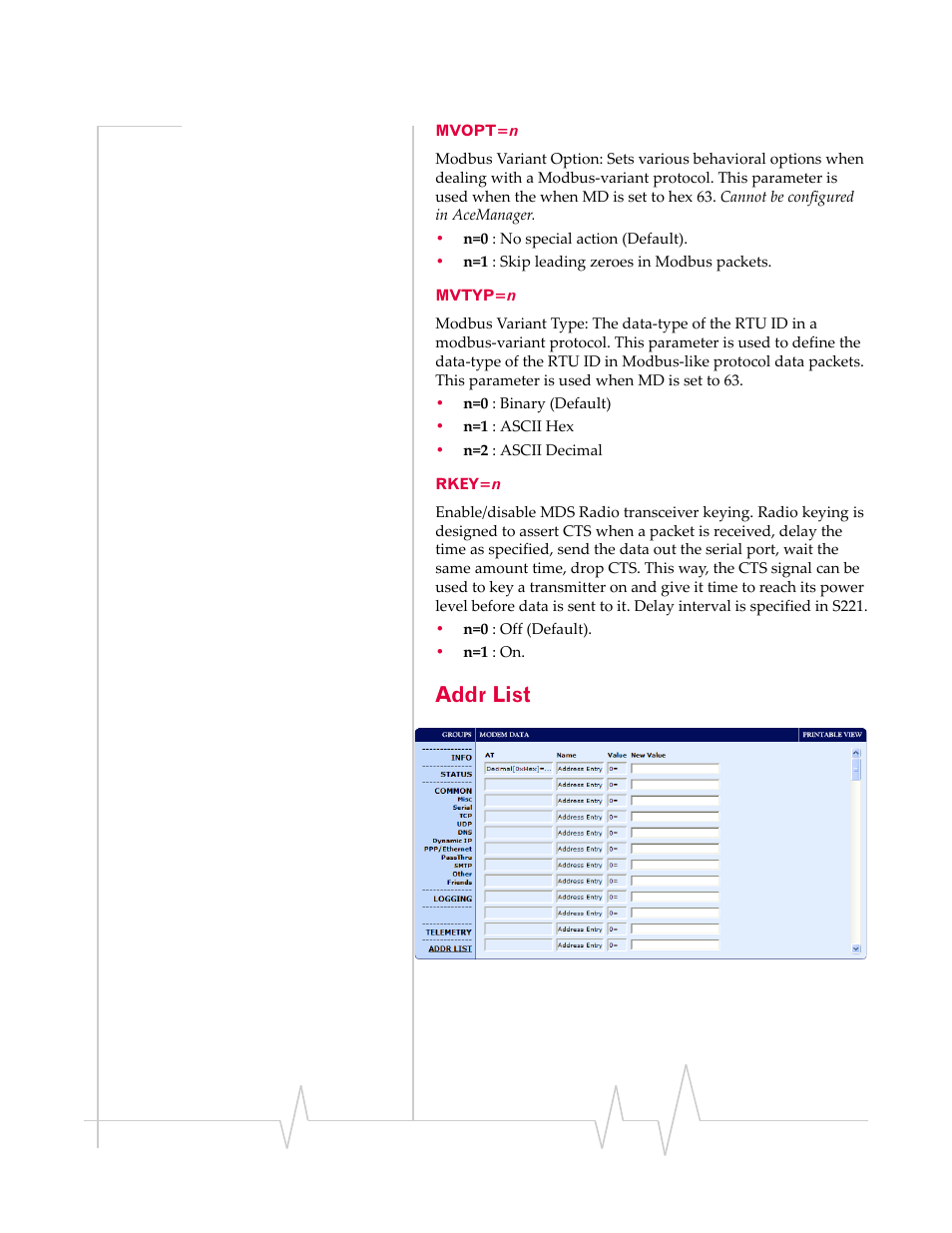 Addr list, Mvopt=n mvtyp=n rkey=n | Sierra Raven EDGE User Manual | Page 108 / 141