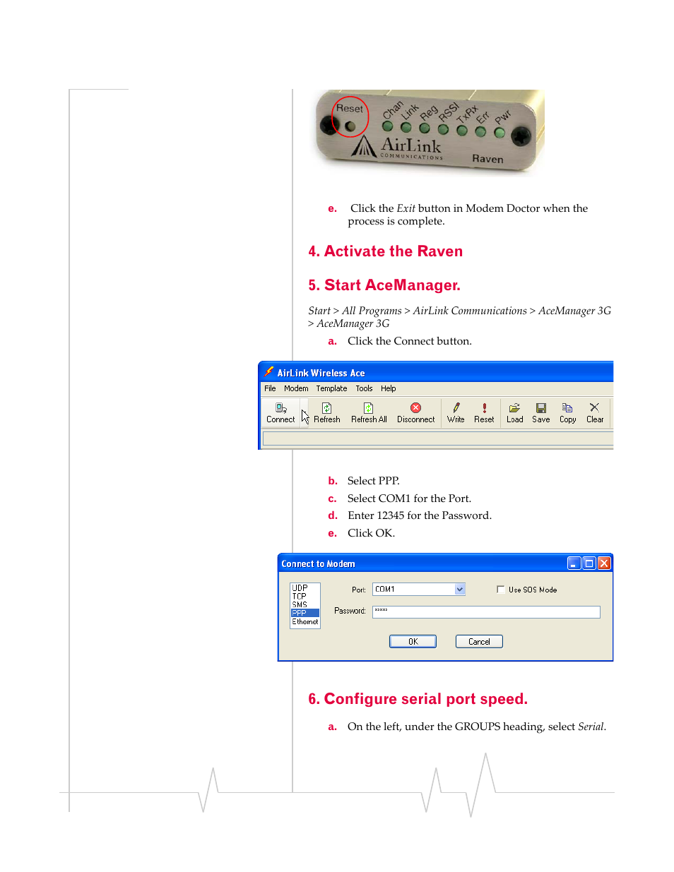 Activate the raven 5. start acemanager, Configure serial port speed | Sierra Raven EDGE User Manual | Page 116 / 141