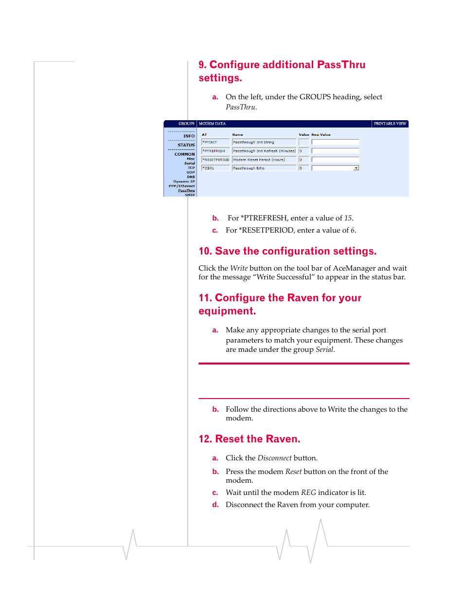 Configure additional passthru settings, Save the configuration settings, Configure the raven for your equipment | Reset the raven | Sierra Raven EDGE User Manual | Page 119 / 141