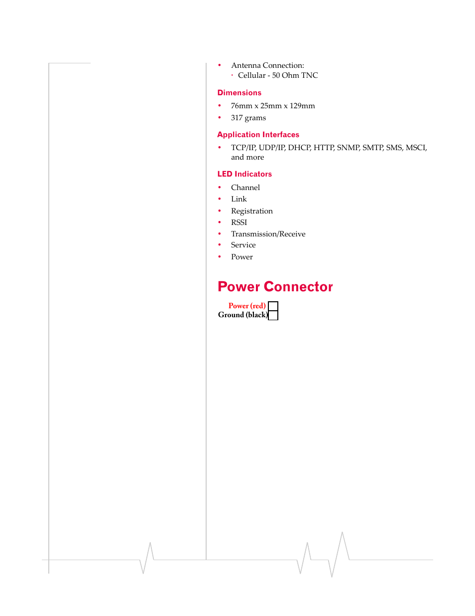 Dimensions application interfaces led indicators, Power connector | Sierra Raven EDGE User Manual | Page 21 / 141