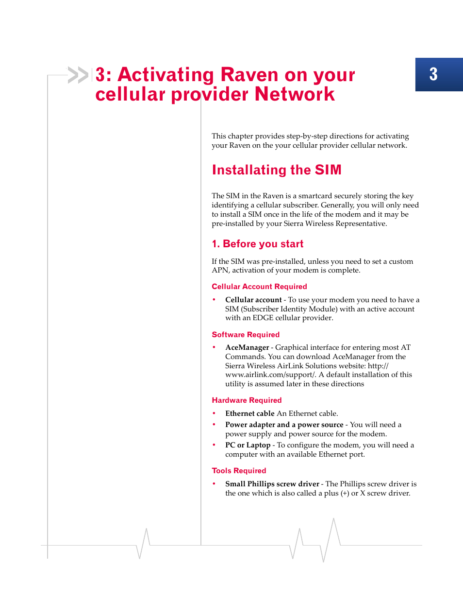 Activating raven on your cellular provider network, Installating the sim | Sierra Raven EDGE User Manual | Page 22 / 141