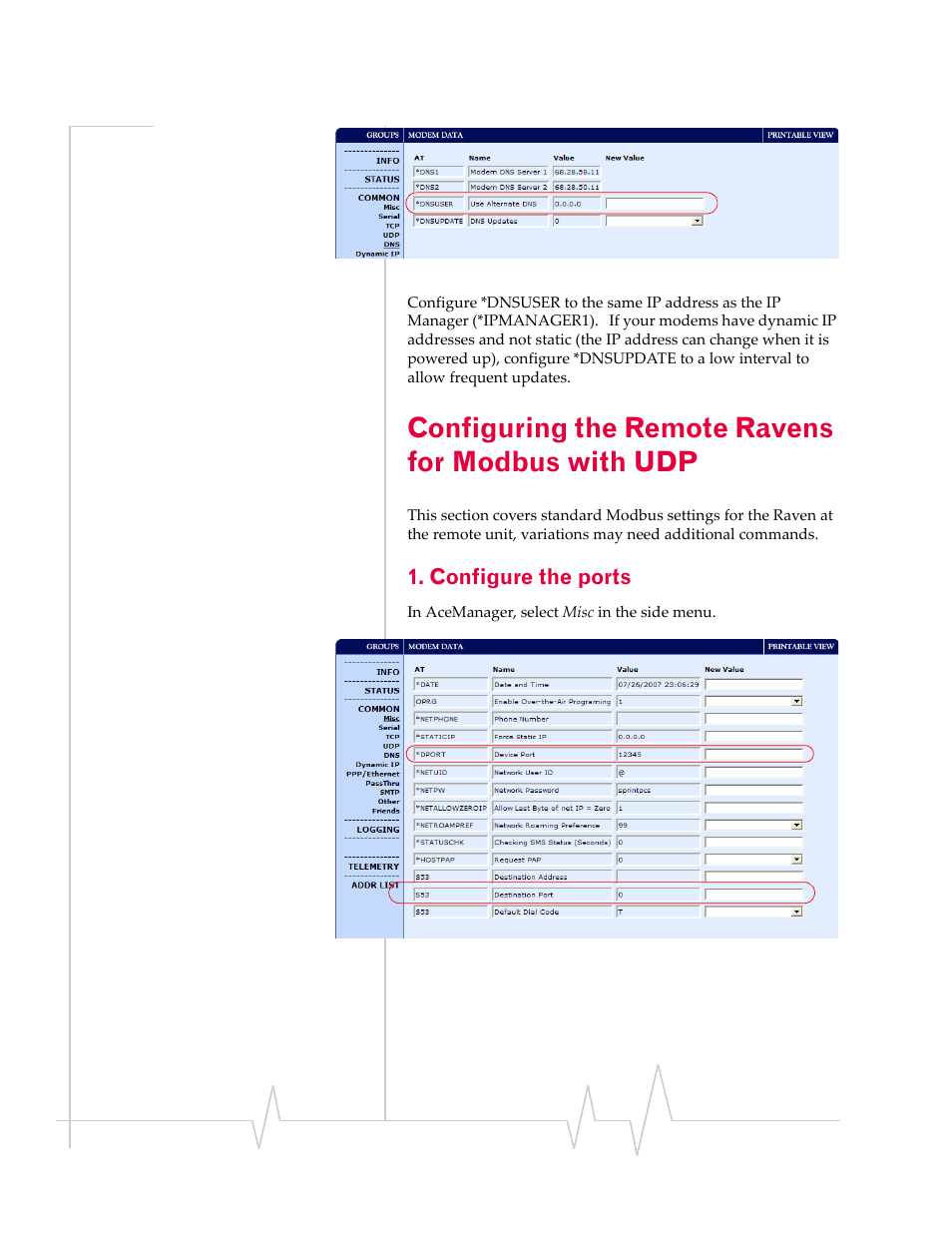 Configuring the remote ravens for modbus with udp, Configuring the, Remote ravens for modbus with udp | Configure the ports | Sierra Raven EDGE User Manual | Page 68 / 141