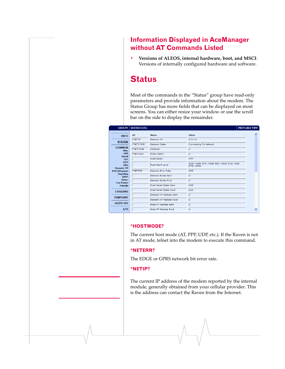 Status, Hostmode? *neterr? *netip | Sierra Raven EDGE User Manual | Page 84 / 141