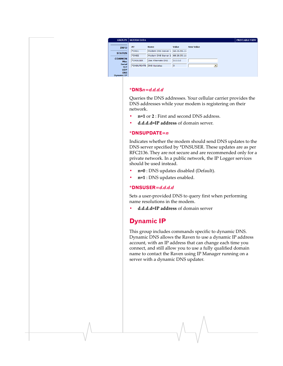 Dynamic ip, Dnsn=d.d.d.d *dnsupdate=n *dnsuser=d.d.d.d | Sierra Raven EDGE User Manual | Page 92 / 141
