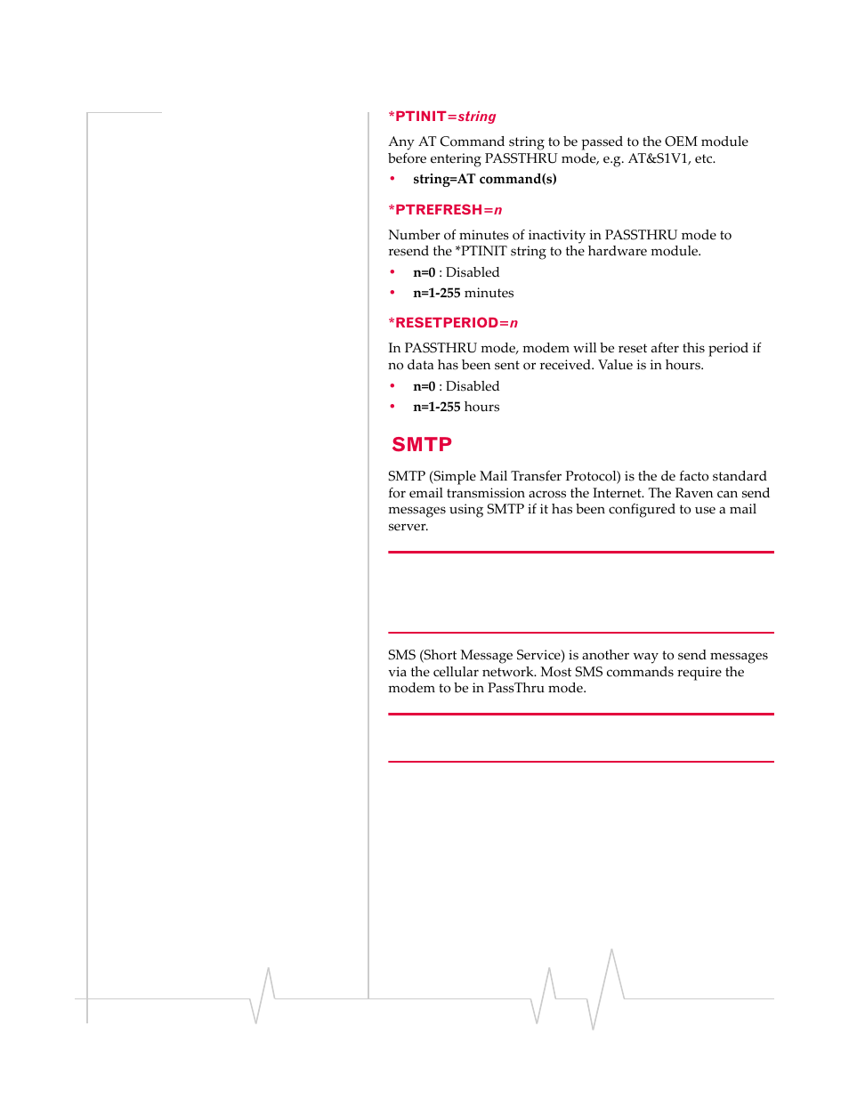 Smtp, Ptinit=string *ptrefresh=n *resetperiod=n | Sierra Raven EDGE User Manual | Page 98 / 141