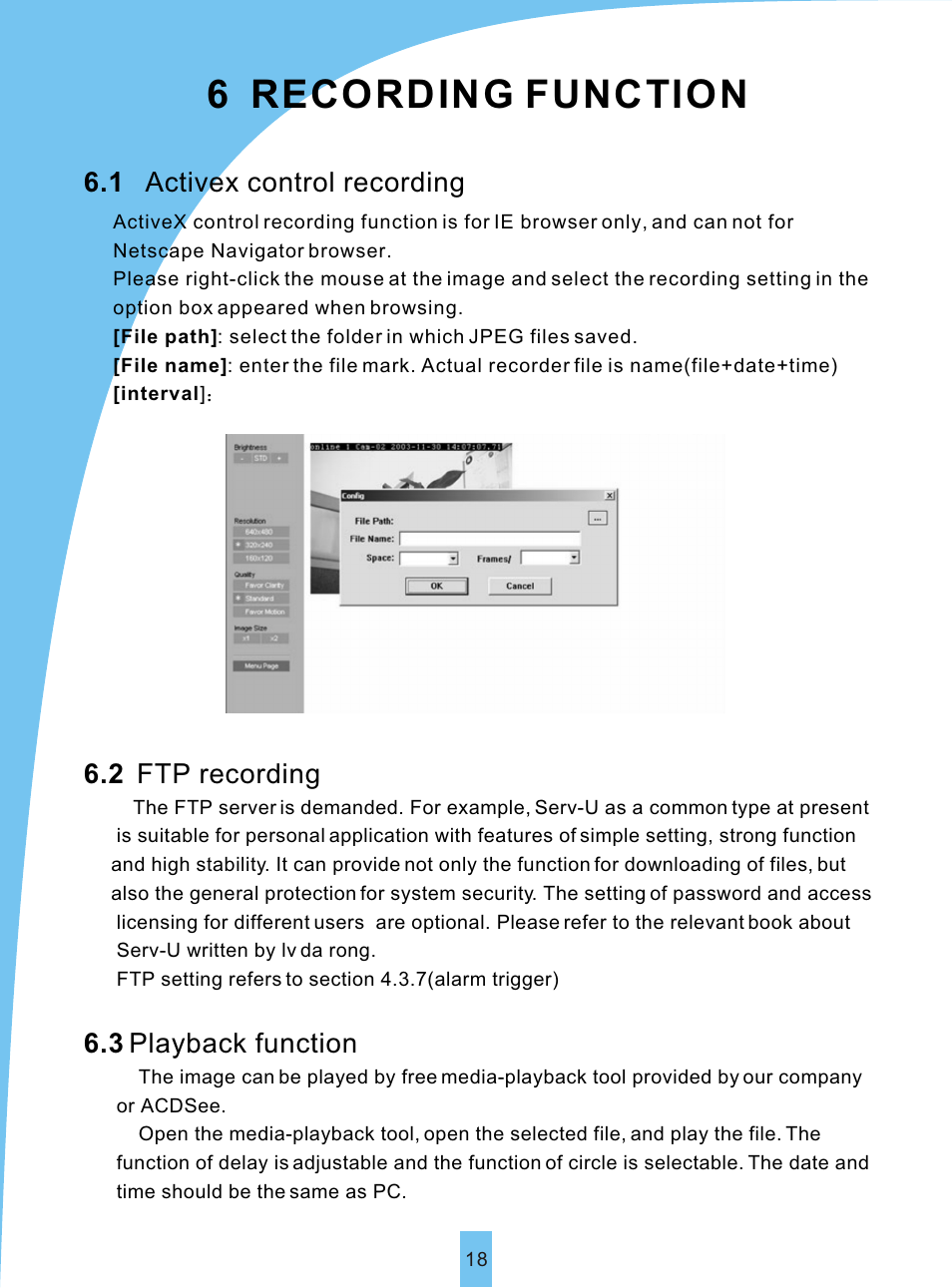 Т³гж 21, 6 recording function, 1 activex control recording | Ftp recording, Playback function | Sierra Siera IP Camera VSP 3001 User Manual | Page 20 / 25