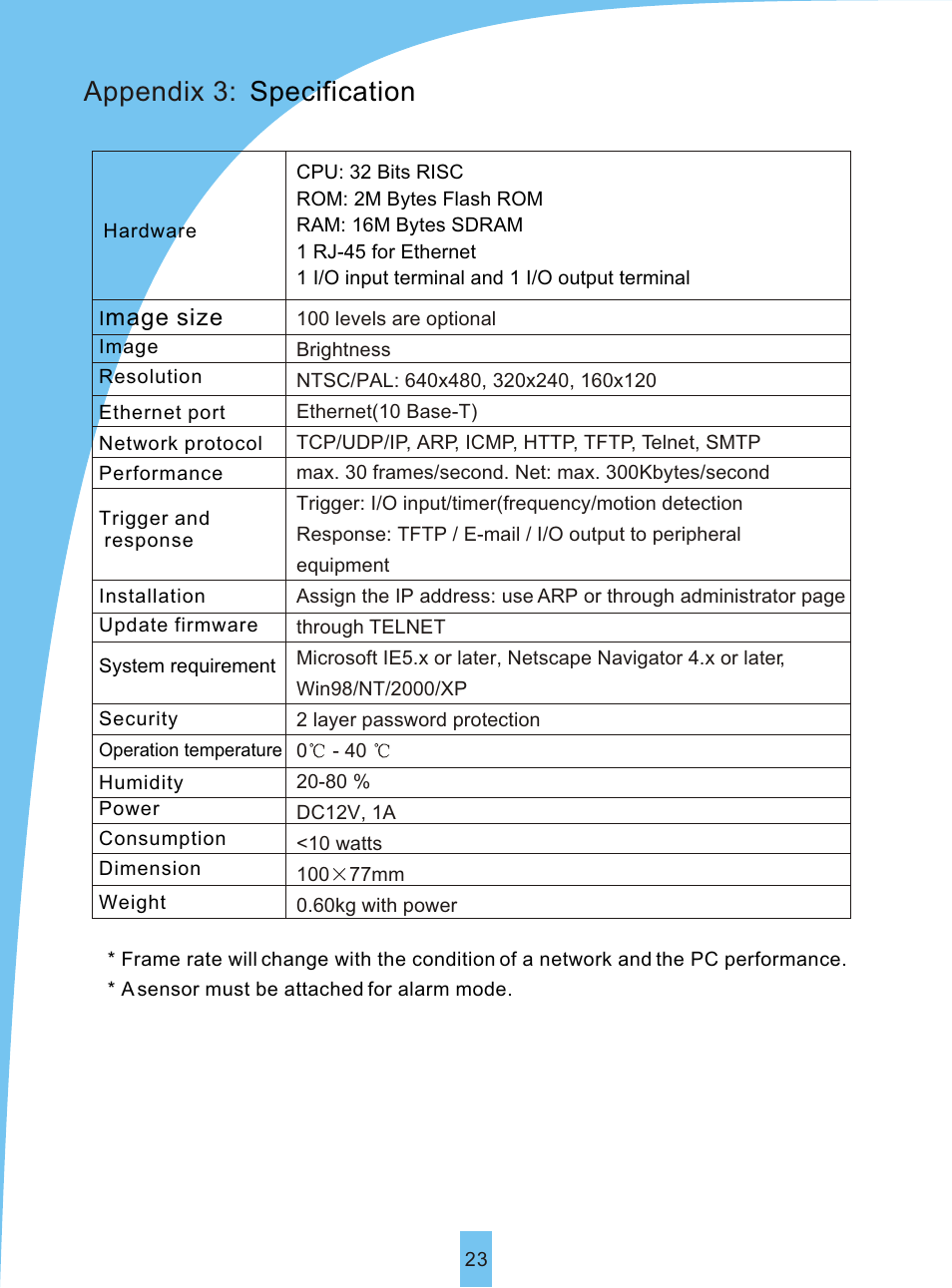 Т³гж 26, Appendix 3: specification, Mage size | Sierra Siera IP Camera VSP 3001 User Manual | Page 25 / 25