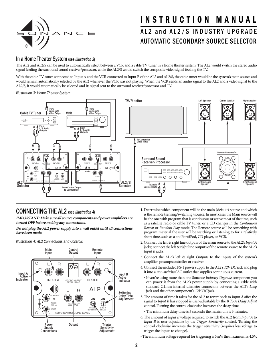 Connecting the al2, Illustration 4, Illustration 3 | Rlr l r l, Illustration 4: al2 connections and controls, Illustration 3: home theater system | Sonance Industry Upgrade Automatic Secondary Source Selector AL2/S User Manual | Page 2 / 4