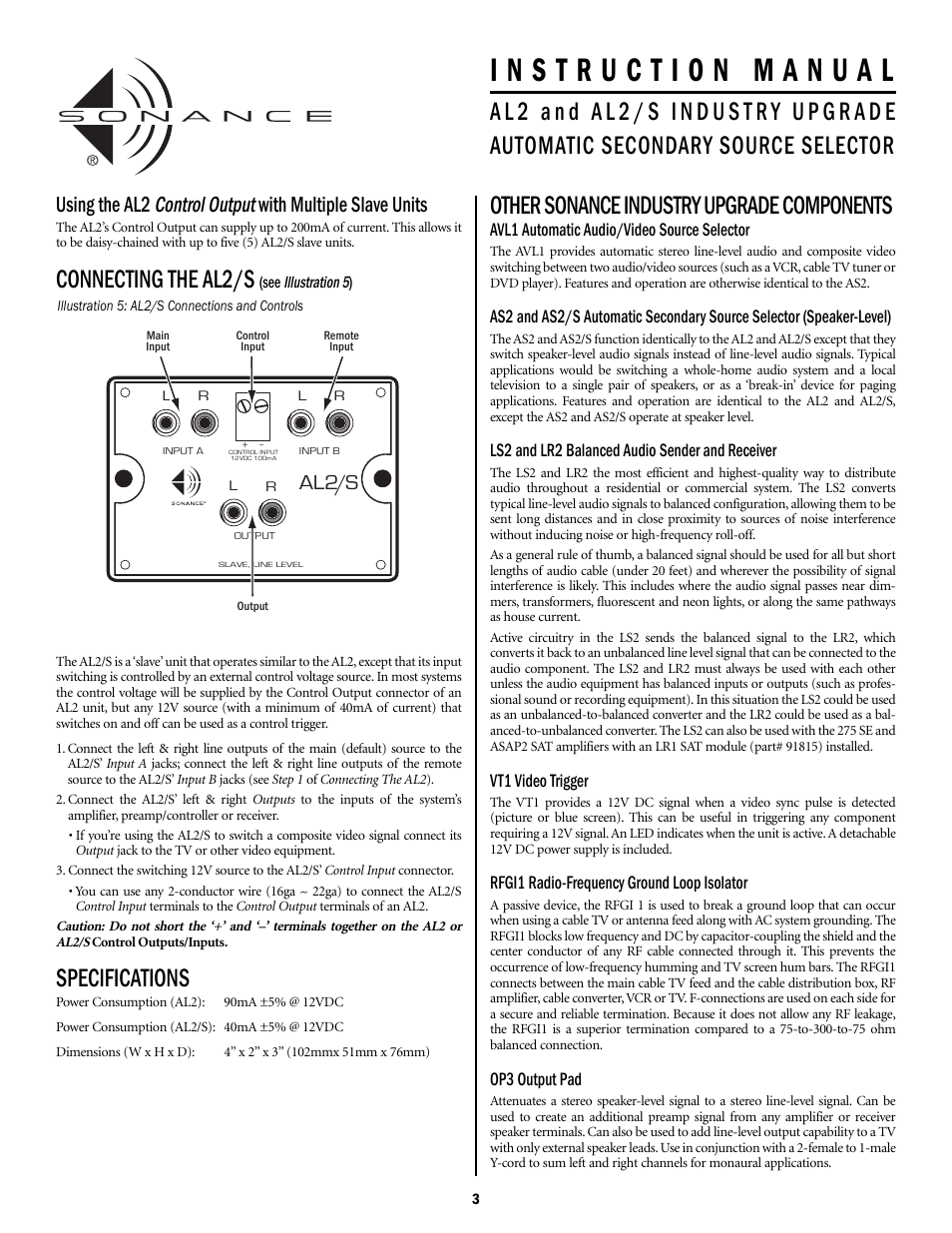 Connecting the al2/s, Specifications, Other sonance industry upgrade components | Al2/s | Sonance Industry Upgrade Automatic Secondary Source Selector AL2/S User Manual | Page 3 / 4