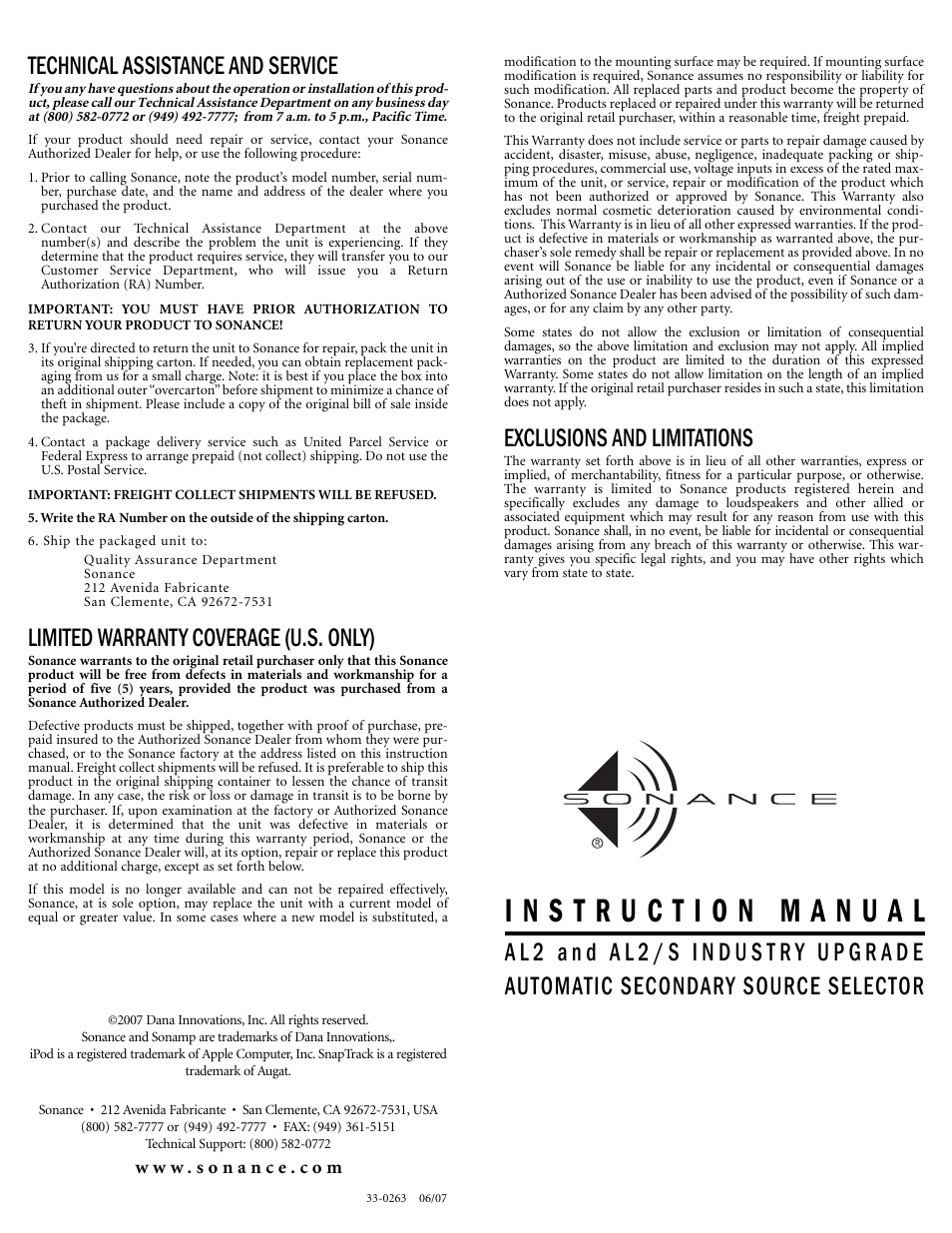 Technical assistance and service, Limited warranty coverage (u.s. only), Exclusions and limitations | Sonance Industry Upgrade Automatic Secondary Source Selector AL2/S User Manual | Page 4 / 4