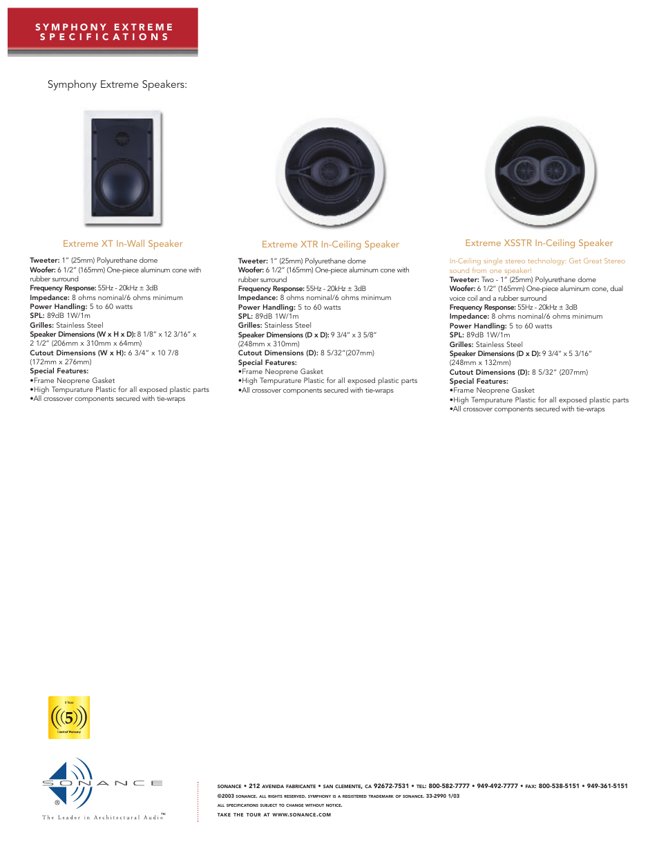 Symphony extreme speakers, Extreme xsstr in-ceiling speaker | Sonance Symphony Extreme User Manual | Page 4 / 4