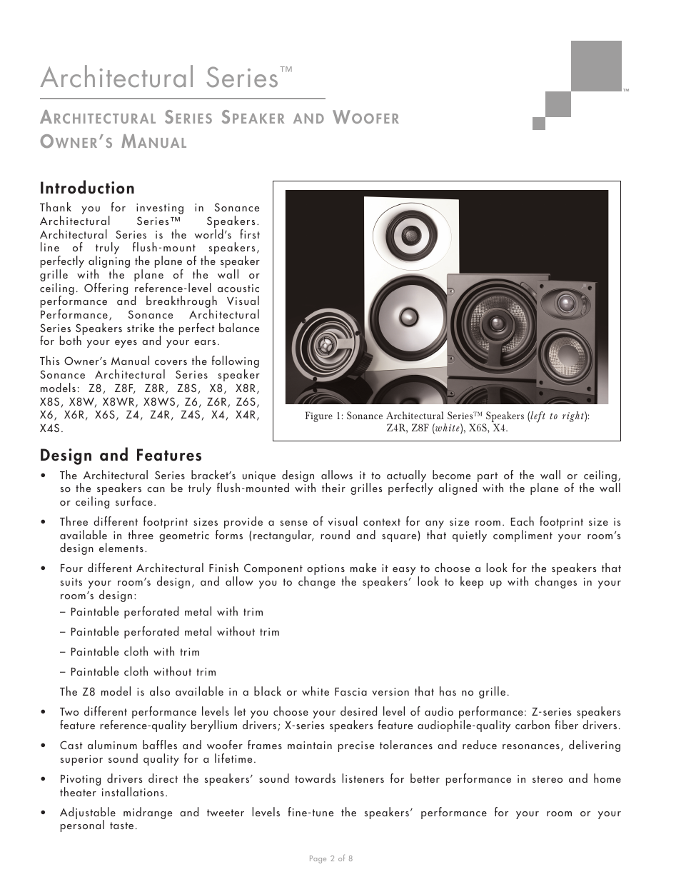 Architectural series, Introduction, Design and features | Sonance Z4S User Manual | Page 2 / 8