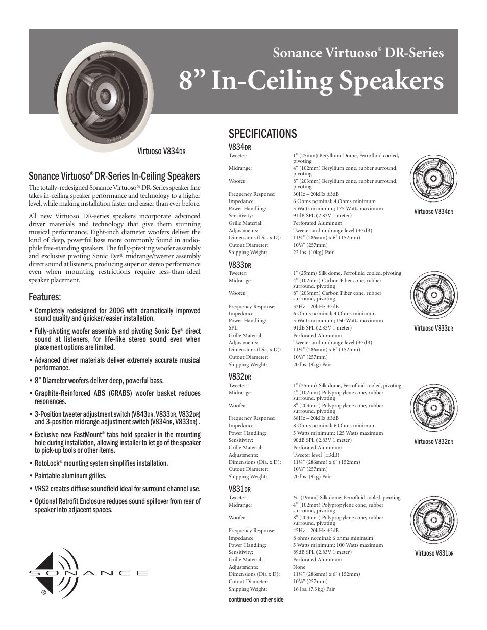 Sonance Virtuoso V834DR User Manual | 2 pages