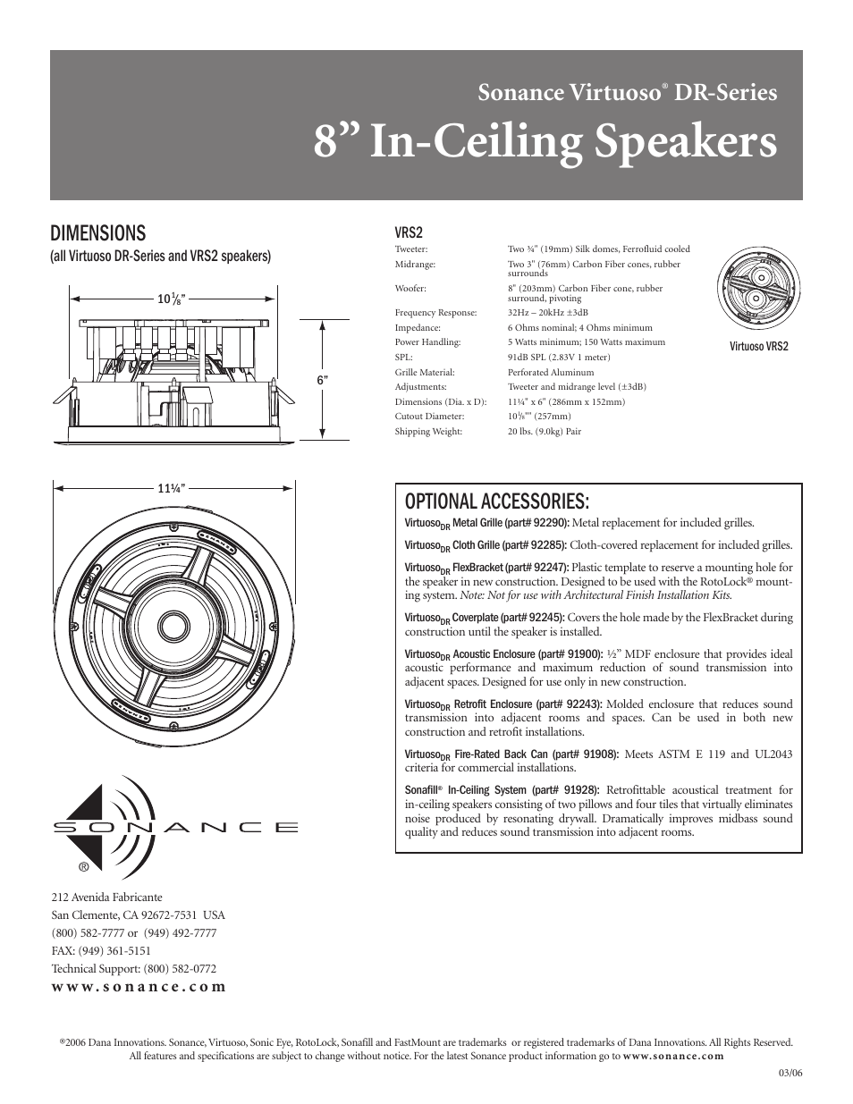 8” in-ceiling speakers, Sonance virtuoso, Dr-series | Dimensions, Optional accessories, Vrs2, All virtuoso dr-series and vrs2 speakers) | Sonance Virtuoso V834DR User Manual | Page 2 / 2