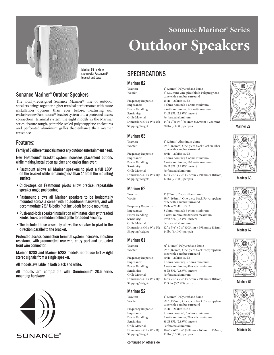 Sonance Mariner 63 User Manual | 2 pages