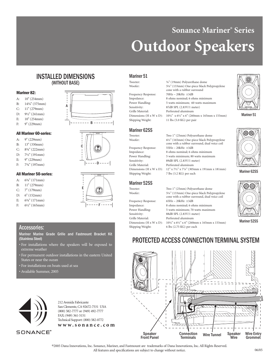 Outdoor speakers, Sonance mariner, Series | Installed dimensions, Protected access connection terminal system, Accessories, Mariner 51, Mariner 62ss, Mariner 52ss, Without base) | Sonance Mariner 63 User Manual | Page 2 / 2