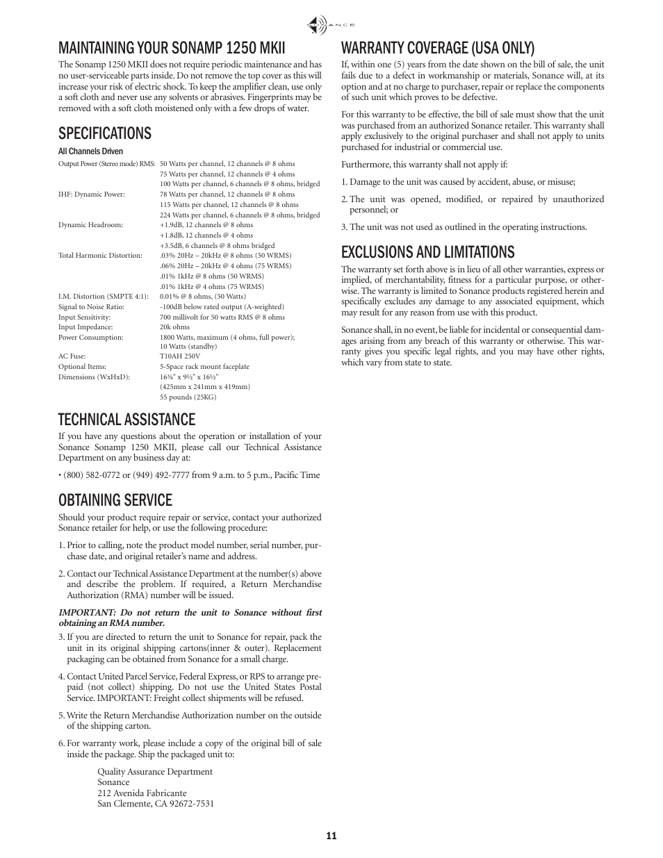 Maintaining your sonamp 1250 mkii, Specifications, Technical assistance | Obtaining service, Warranty coverage (usa only), Exclusions and limitations | Sonance 1250 MKII User Manual | Page 11 / 12