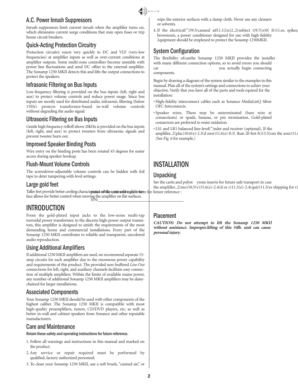 Introduction, Installation, A.c. power inrush suppressors | Quick-acting protection circuitry, Infrasonic filtering on bus inputs, Ultrasonic filtering on bus inputs, Improved speaker binding posts, Flush-mount volume controls, Large gold feet, Using additional amplifiers | Sonance 1250 MKII User Manual | Page 2 / 12