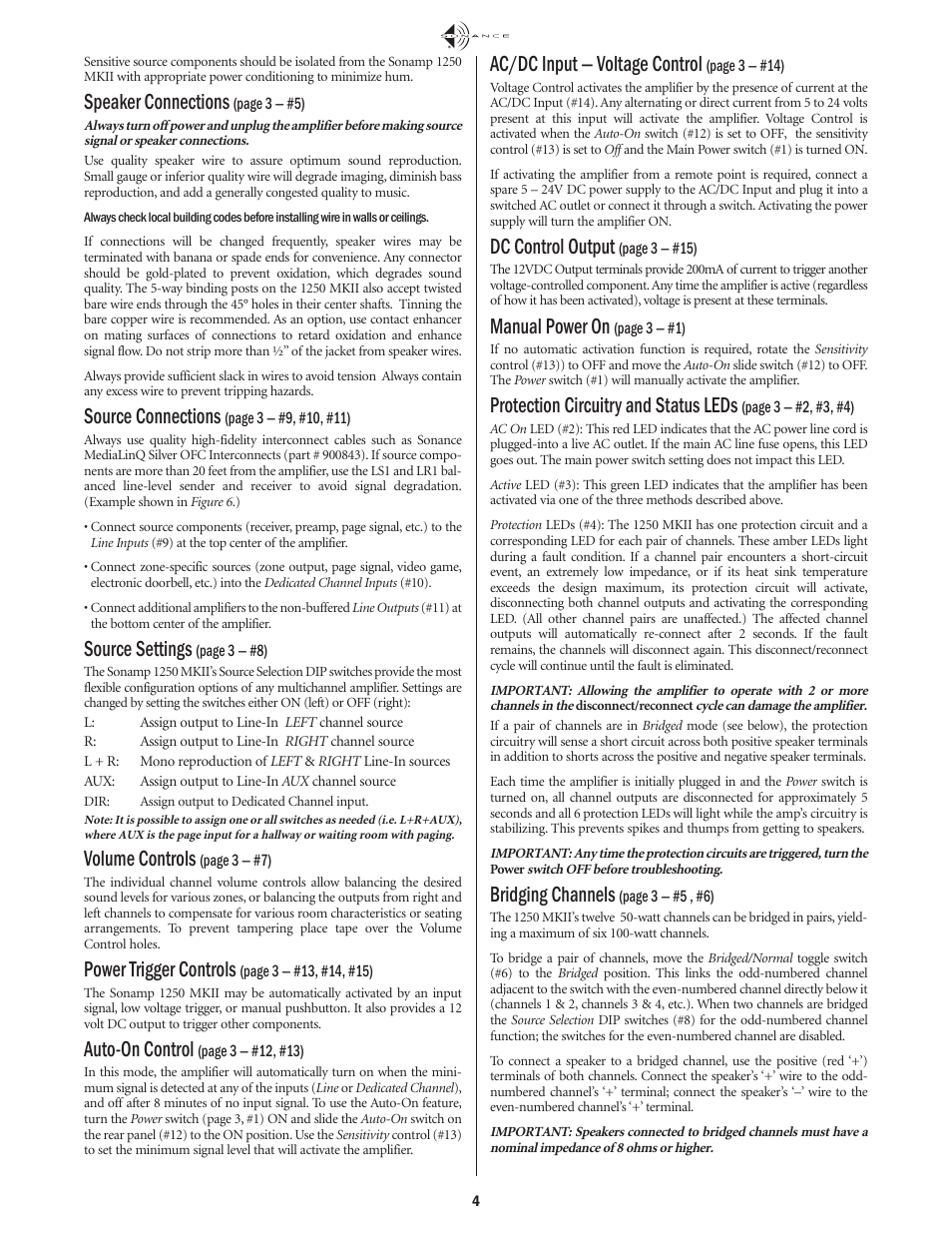 Speaker connections, Source connections, Source settings | Volume controls, Power trigger controls, Auto-on control, Ac/dc input — voltage control, Dc control output, Manual power on, Protection circuitry and status leds | Sonance 1250 MKII User Manual | Page 4 / 12