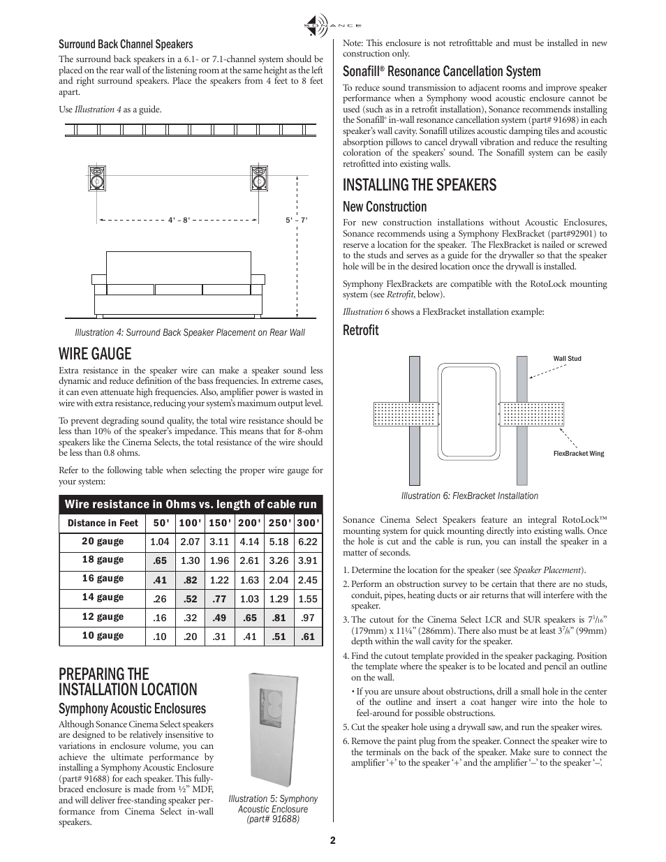 Wire gauge, Preparing the installation location, Installing the speakers | Symphony acoustic enclosures, Sonafill, Resonance cancellation system, New construction, Retrofit, Surround back channel speakers | Sonance THX User Manual | Page 2 / 4