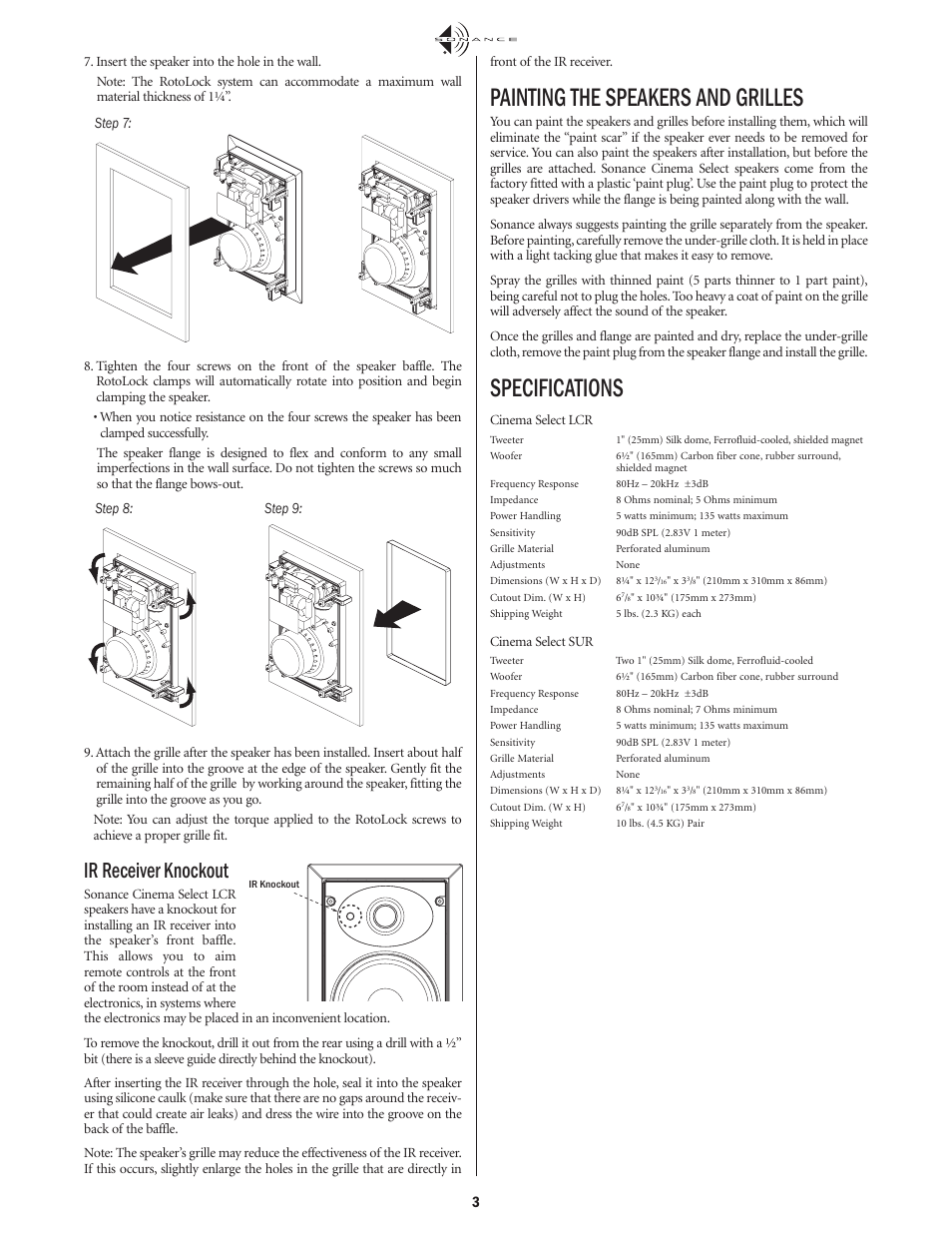 Painting the speakers and grilles, Specifications, Ir receiver knockout | Sonance THX User Manual | Page 3 / 4