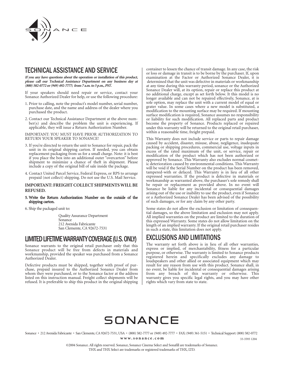 Technical assistance and service, Limited lifetime warranty coverage (u.s. only), Exclusions and limitations | Sonance THX User Manual | Page 4 / 4