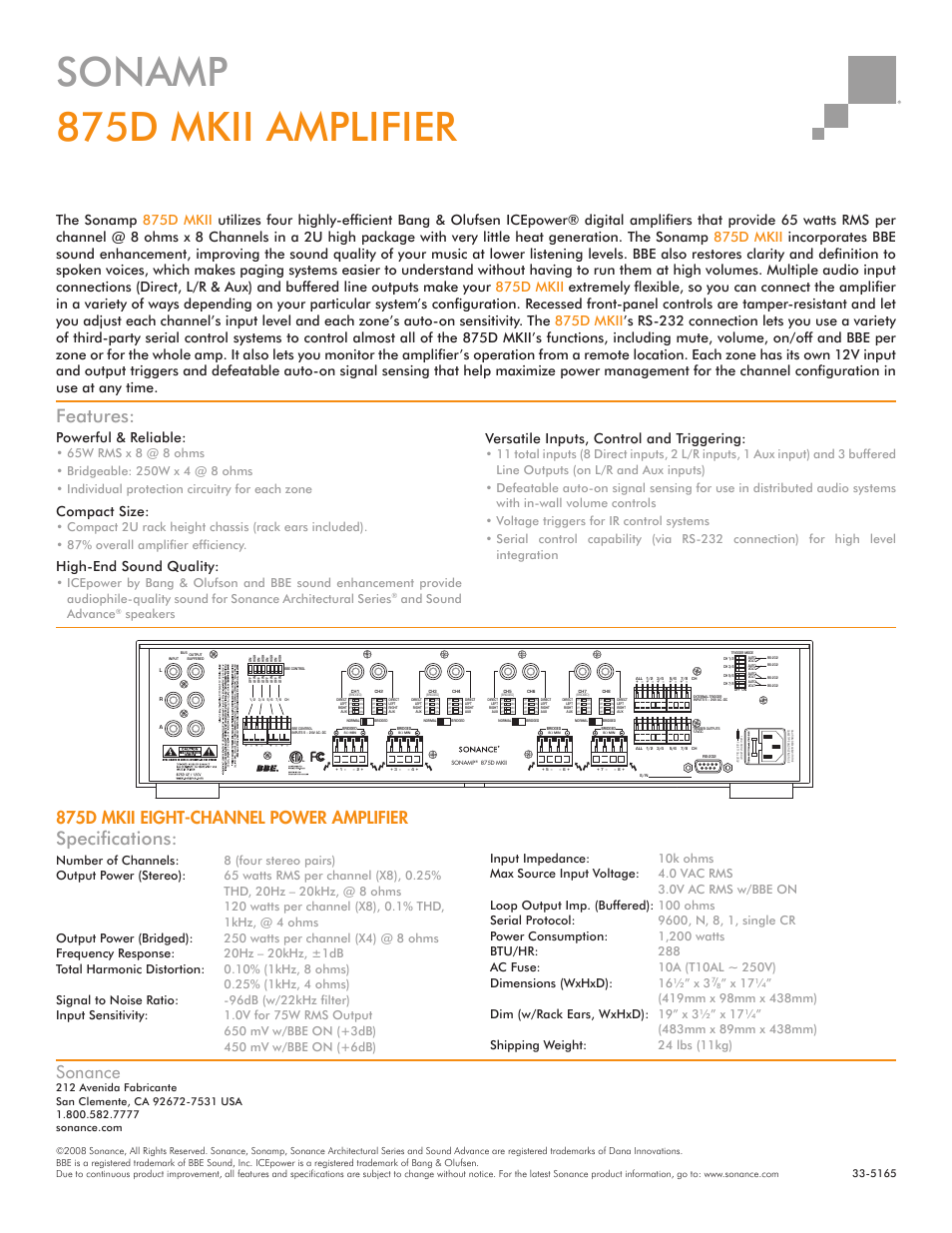 Sonamp 875d mkii amplifier, Features, Specifi cations | Sonance, 875d mkii eight-channel power amplifier, Powerful & reliable, Compact size, High-end sound quality, Versatile inputs, control and triggering, And sound advance | Sonance Sonamp 875D MKII User Manual | Page 2 / 2