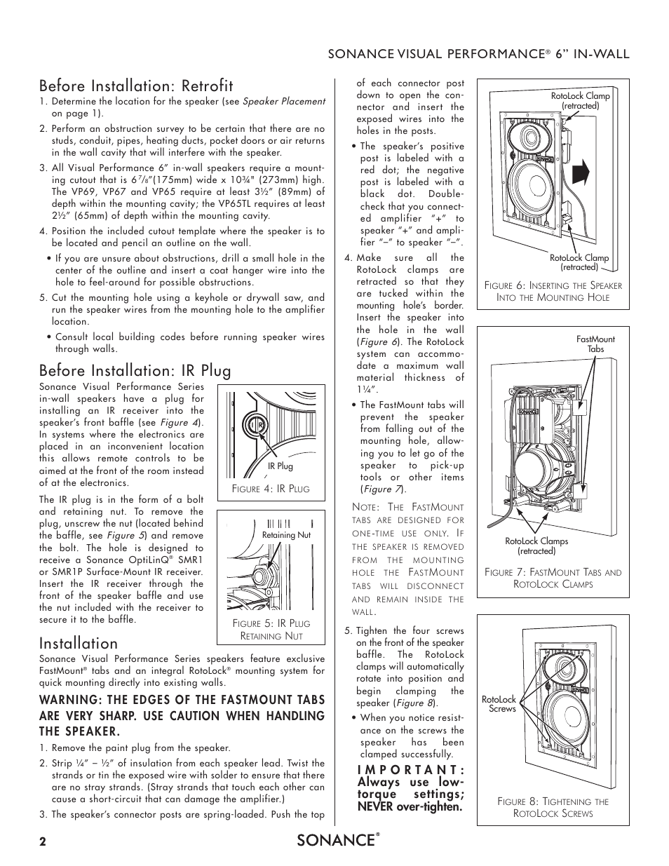 Before installation: retrofit, Before installation: ir plug, Installation | Sonance visual performance, 6” in-wall | Sonance Visual Performance VP65 TL User Manual | Page 2 / 4