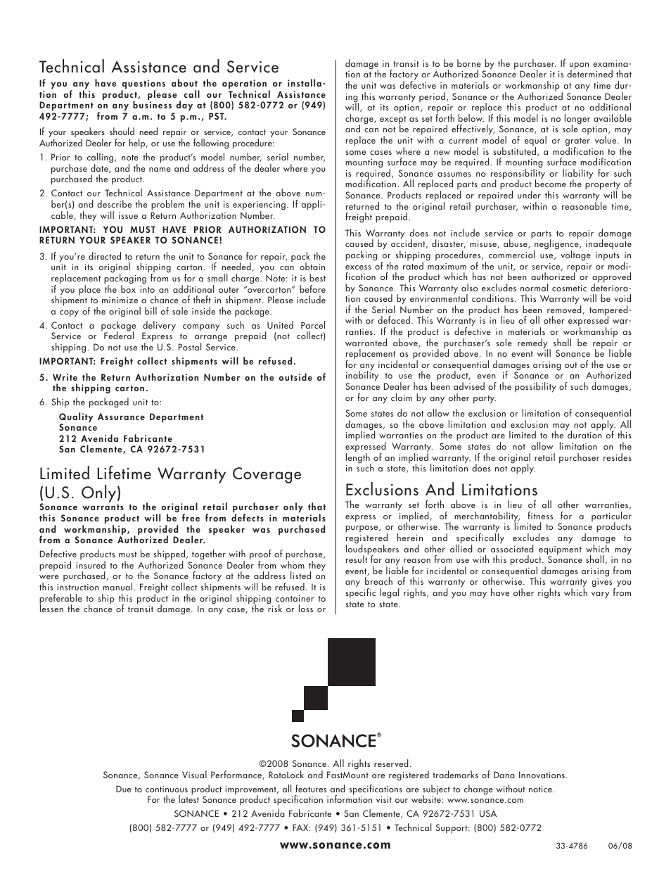 Technical assistance and service, Limited lifetime warranty coverage (u.s. only), Exclusions and limitations | Sonance Visual Performance VP65 TL User Manual | Page 4 / 4