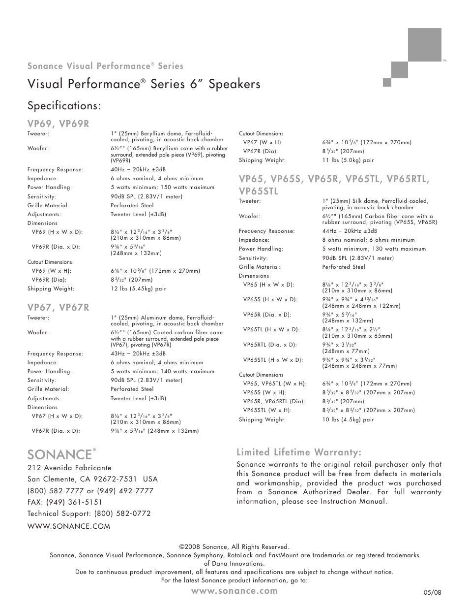 Visual performance, Series 6” speakers, Specifications | Limited lifetime warranty, Vp69, vp69r, Vp67, vp67r, Sonance visual performance, Series | Sonance Visual Performance VP69R User Manual | Page 2 / 2