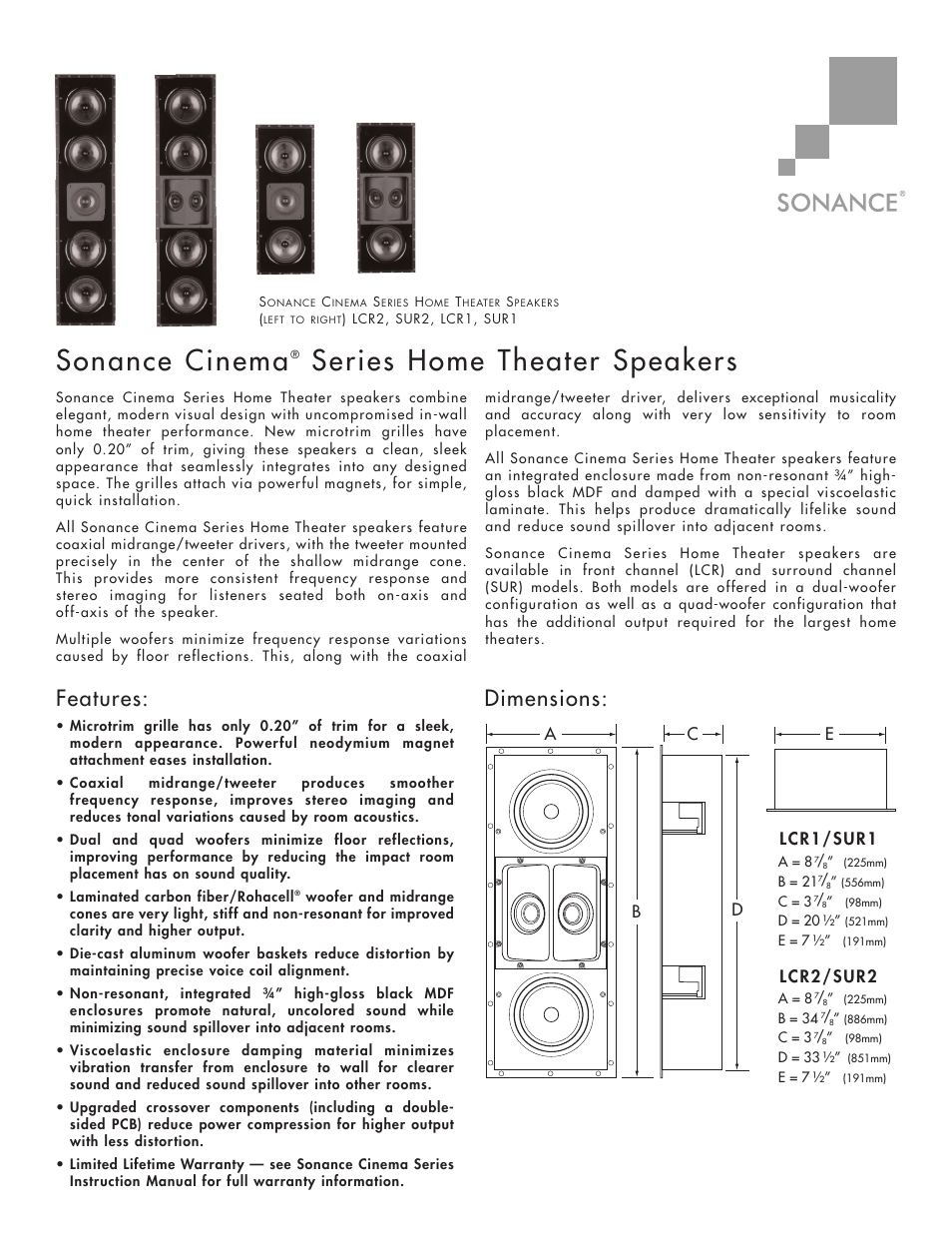 Sonance LCR1 User Manual | 2 pages