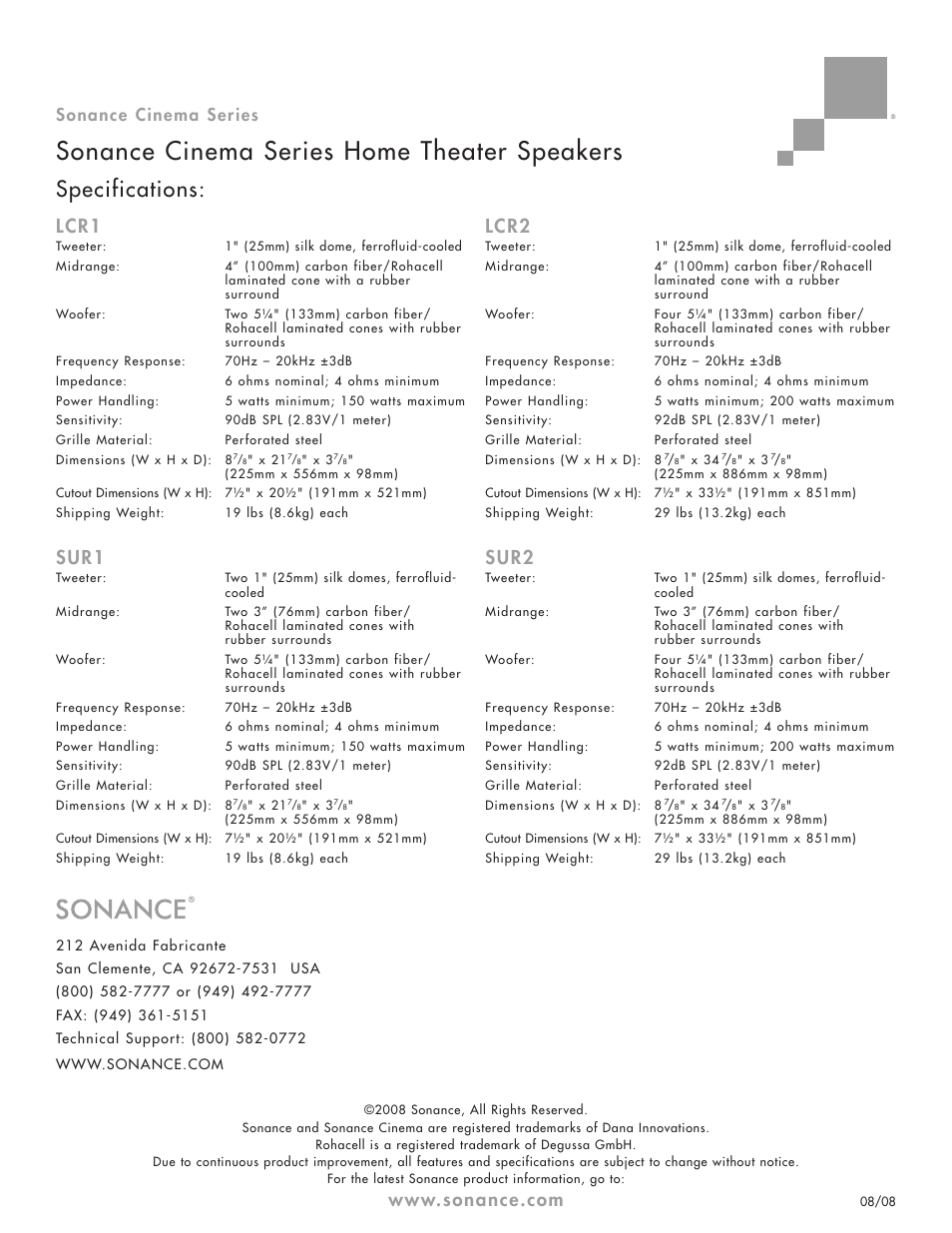 Sonance cinema series home theater speakers, Specifications, Lcr1 | Sur1, Lcr2, Sur2, Sonance cinema series | Sonance LCR1 User Manual | Page 2 / 2