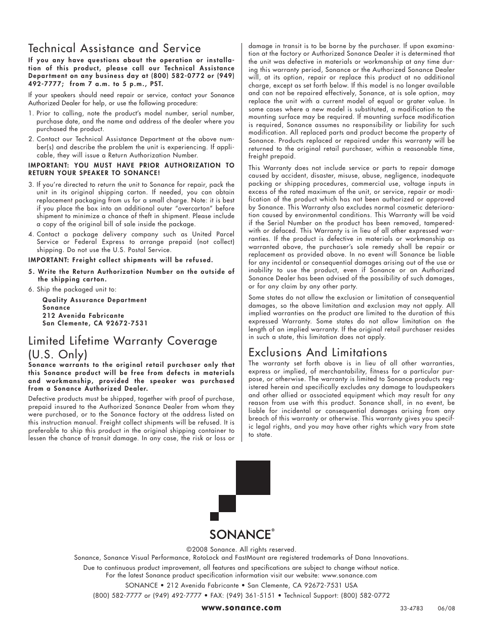 Technical assistance and service, Limited lifetime warranty coverage (u.s. only), Exclusions and limitations | Sonance VP89R User Manual | Page 4 / 4