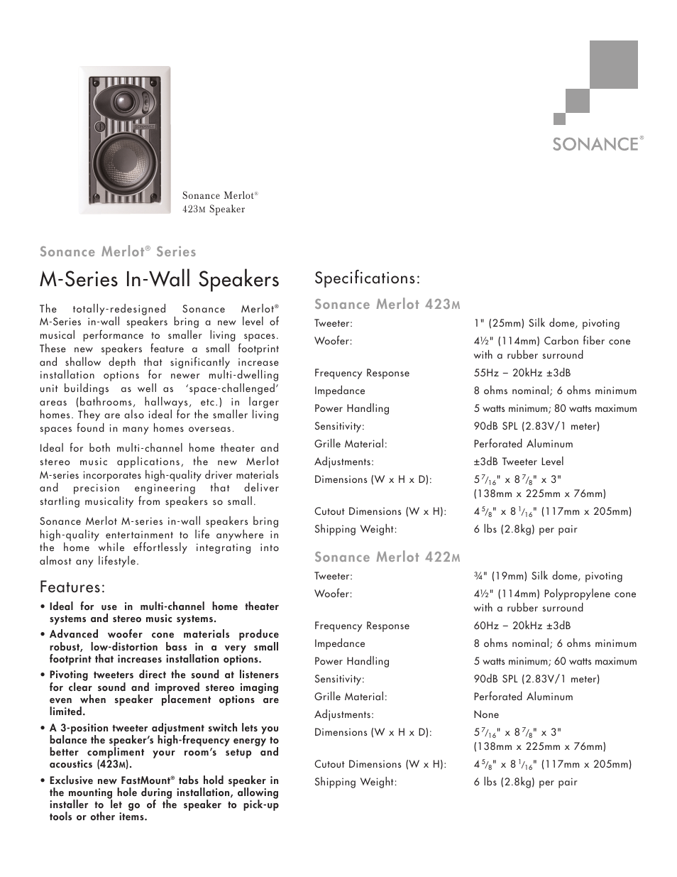 Sonance Merlot 423M User Manual | 2 pages