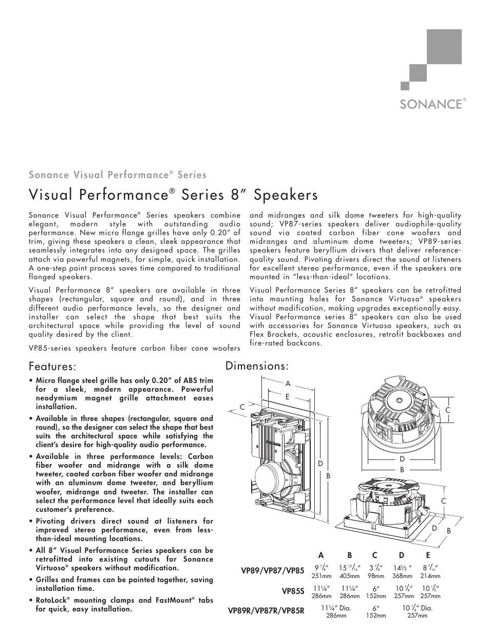 Sonance Visual Performance Series 8 User Manual | 2 pages