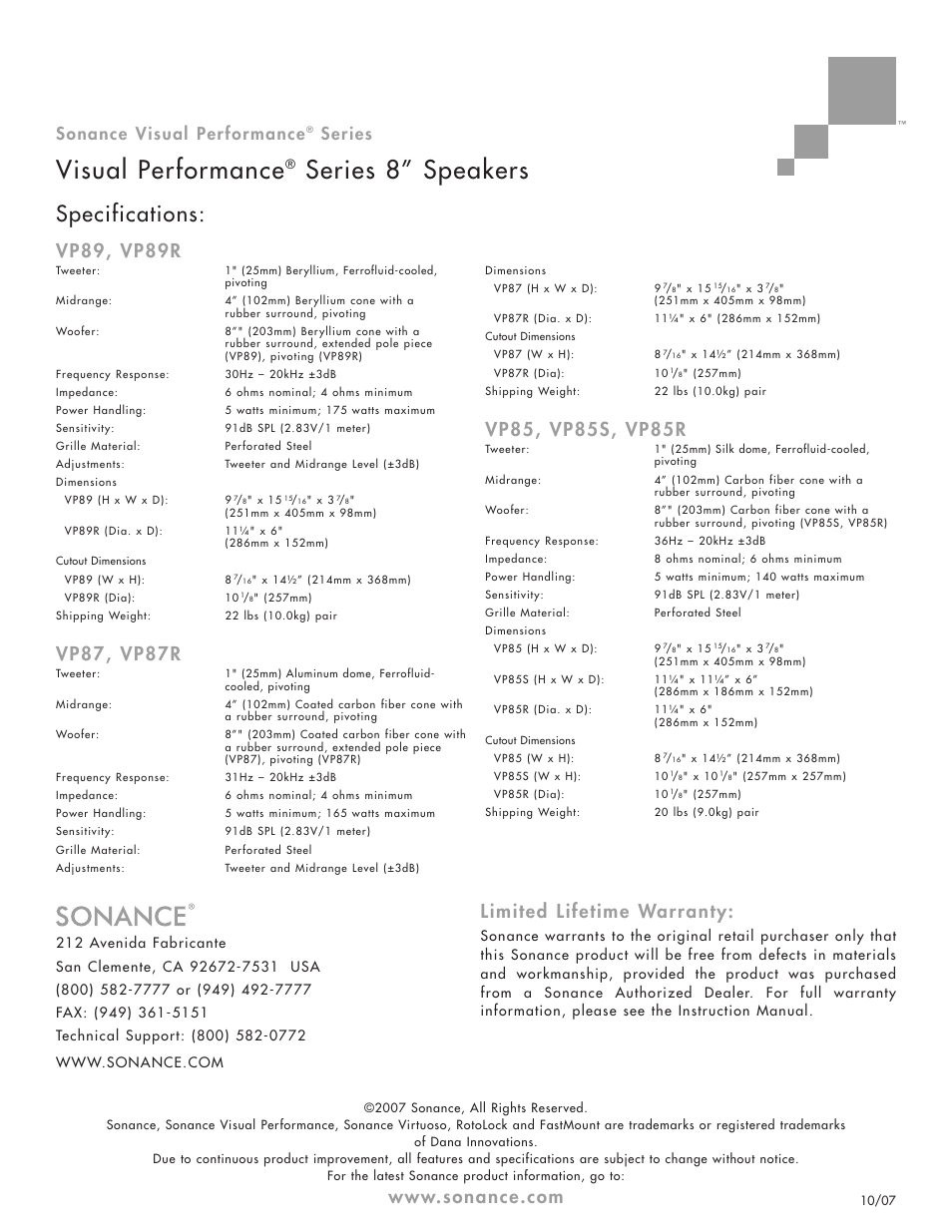 Visual performance, Series 8” speakers, Specifications | Limited lifetime warranty, Vp89, vp89r, Vp87, vp87r, Sonance visual performance, Series | Sonance Visual Performance Series 8 User Manual | Page 2 / 2