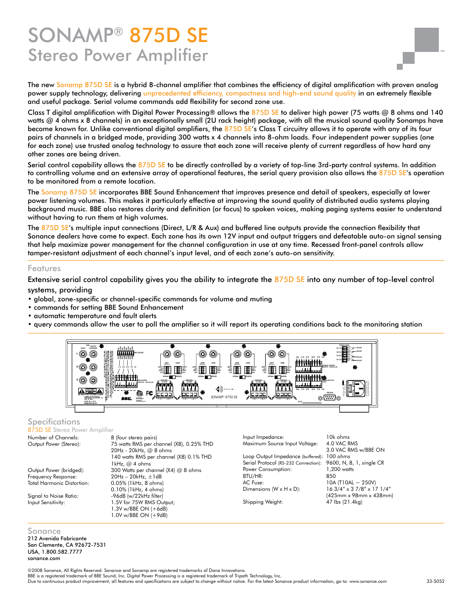 Sonamp, 875d se, Stereo power amplifier | Features, Sonance, Specifications, 875d se stereo power amplifier, 100 ohms serial protocol | Sonance Sonamp 33-5052 User Manual | Page 2 / 2
