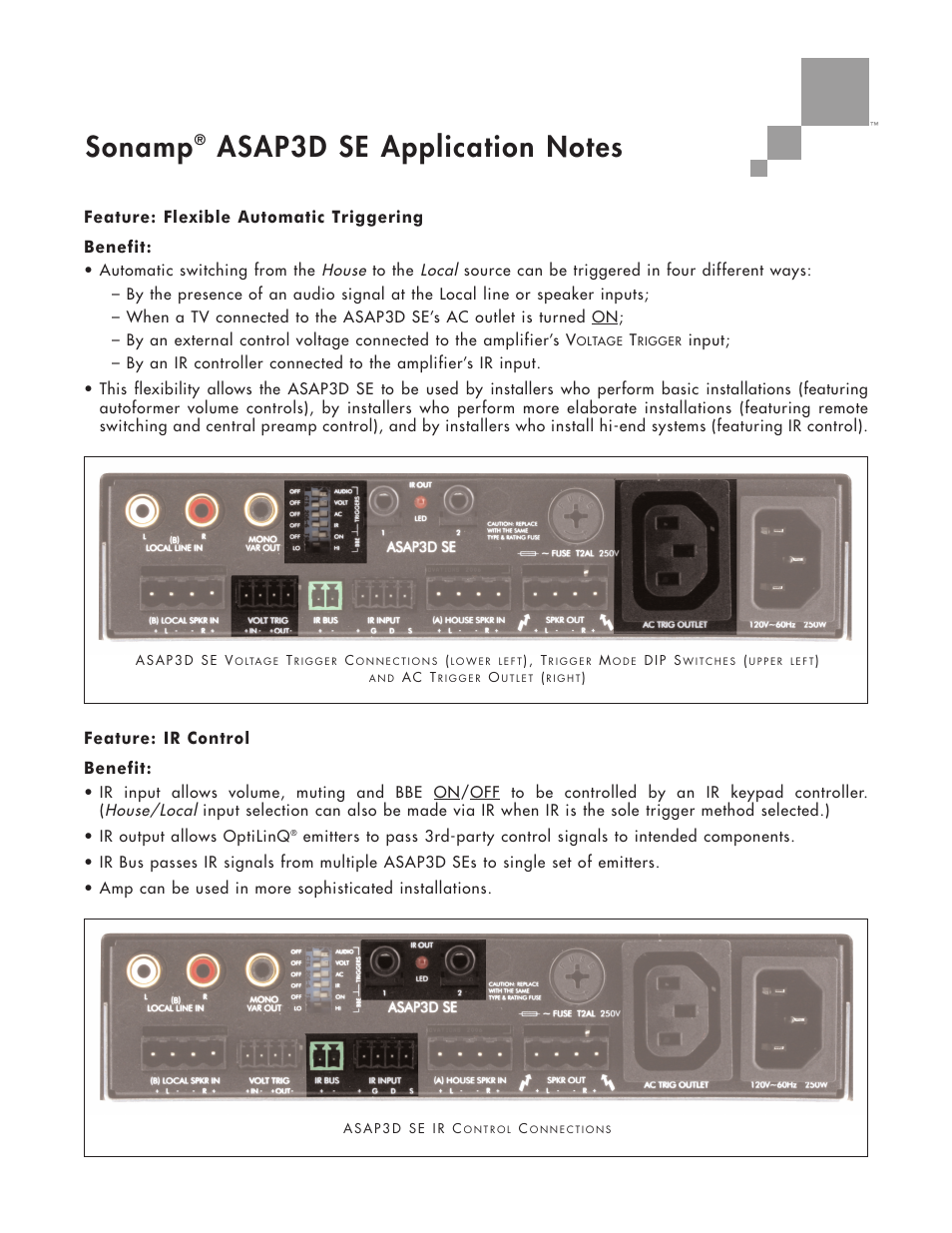 Sonamp, Feature: flexible automatic triggering benefit, Feature: ir control benefit | Sonance ASAP3D SE User Manual | Page 2 / 8