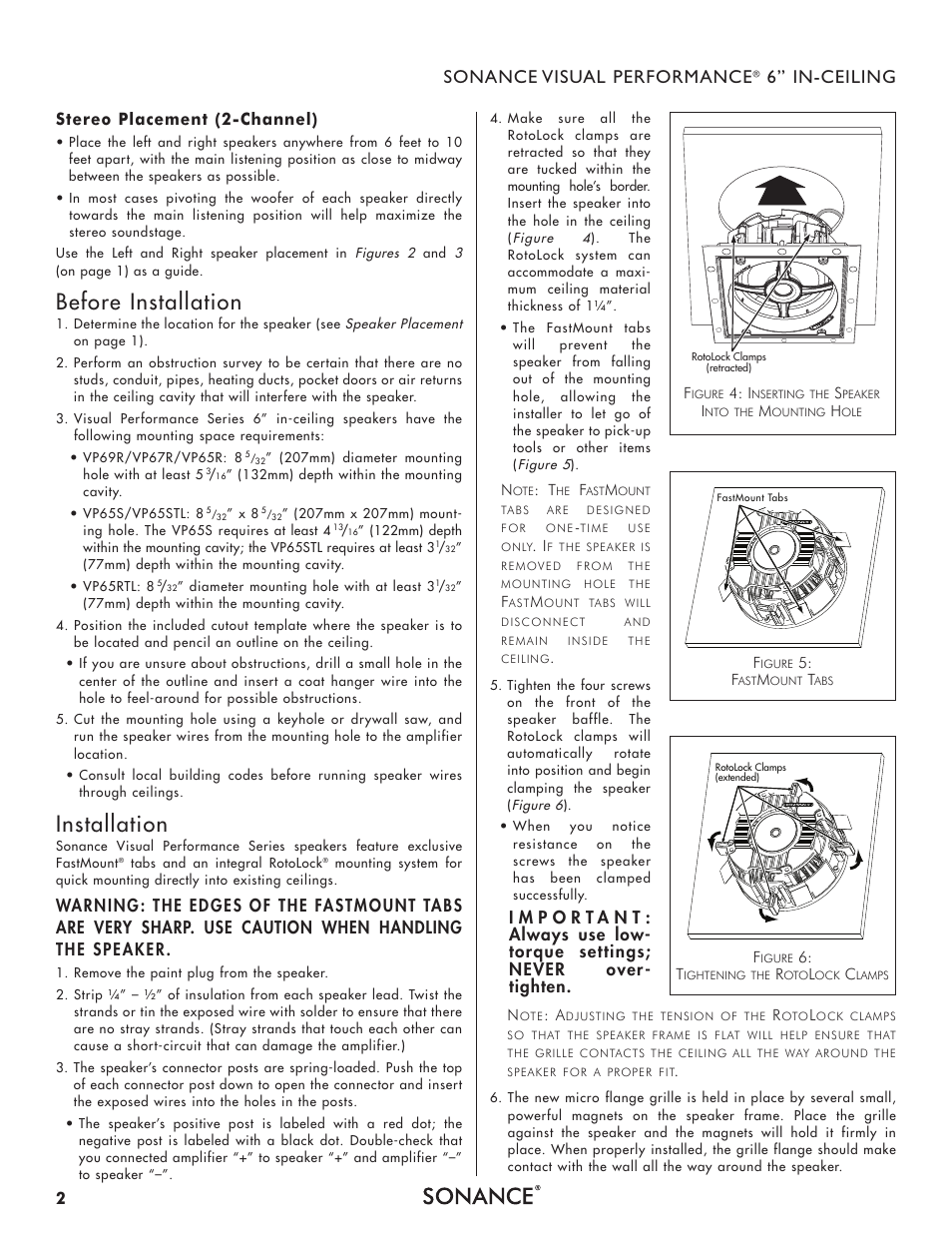 Before installation, Installation, Sonance visual performance | 6” in-ceiling, Stereo placement (2-channel) | Sonance Visual Performance VP65RTL User Manual | Page 2 / 4