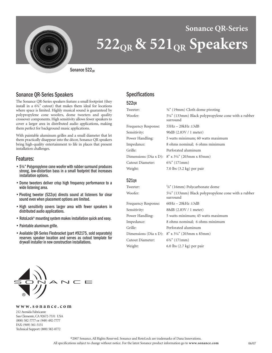 Sonance 521 User Manual | 1 page