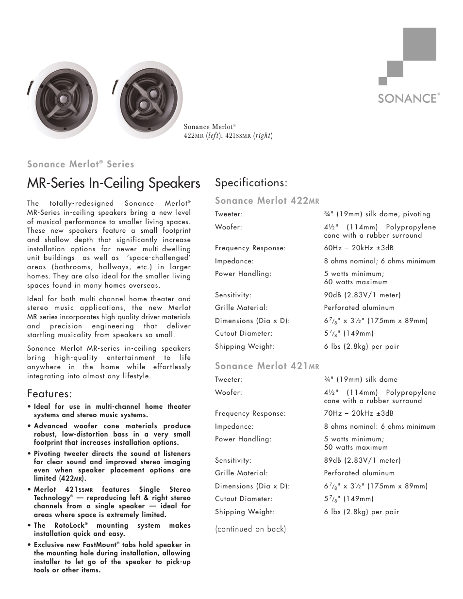 Sonance 422MR User Manual | 2 pages