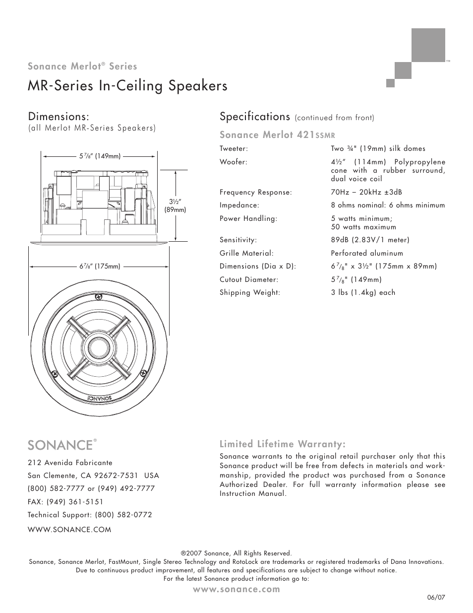 Mr-series in-ceiling speakers, Dimensions, Specifications | Sonance merlot, Series, Sonance merlot 421, Limited lifetime warranty, All merlot mr- series speakers) | Sonance 422MR User Manual | Page 2 / 2