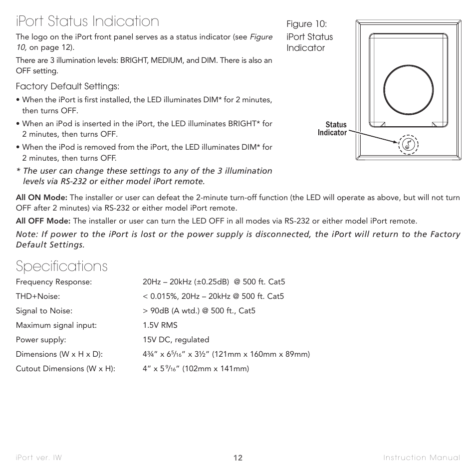 Iport status indication, Specifications | Sonance IW-1 User Manual | Page 12 / 16