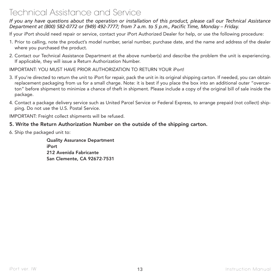 Technical assistance and service | Sonance IW-1 User Manual | Page 13 / 16