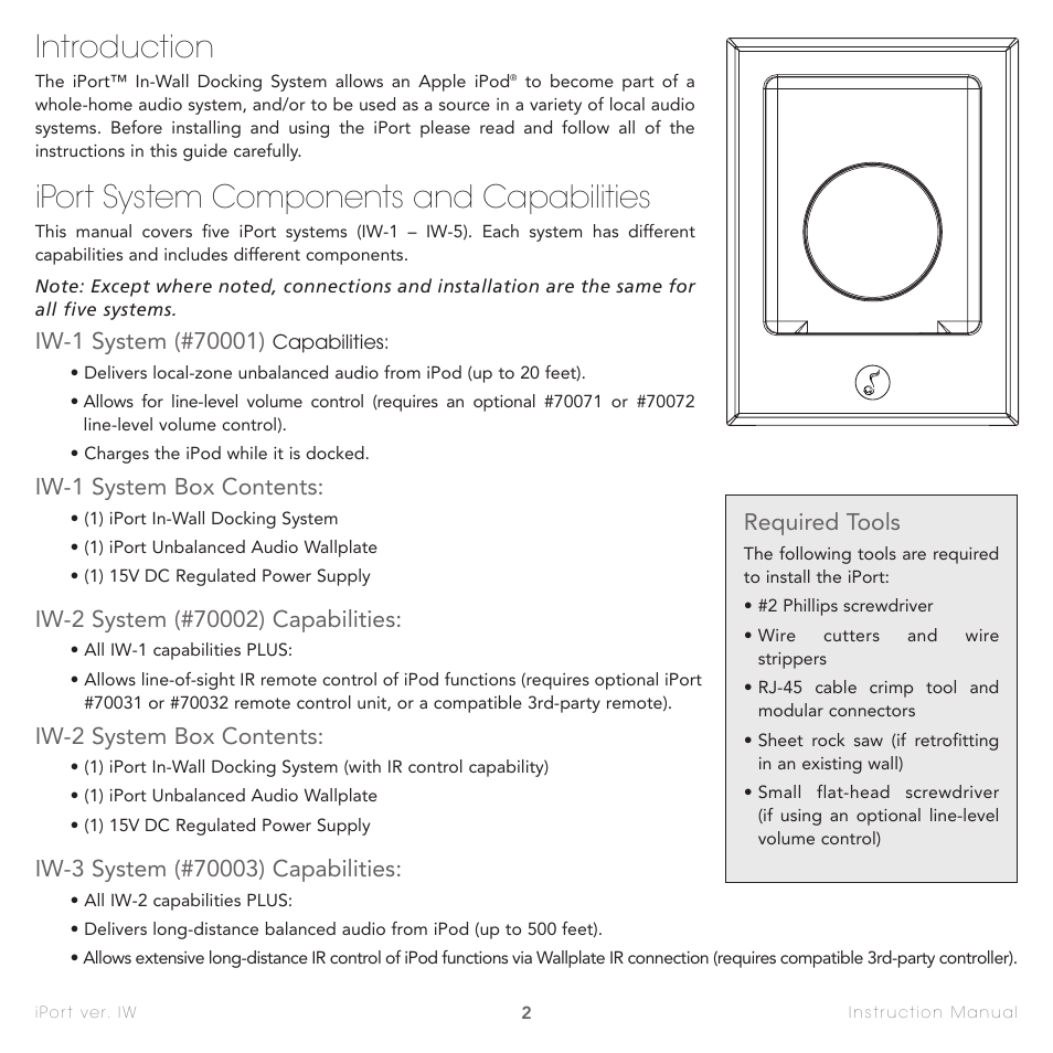 Introduction, Iport system components and capabilities, Iw-1 system box contents | Iw-2 system box contents, Required tools | Sonance IW-1 User Manual | Page 2 / 16