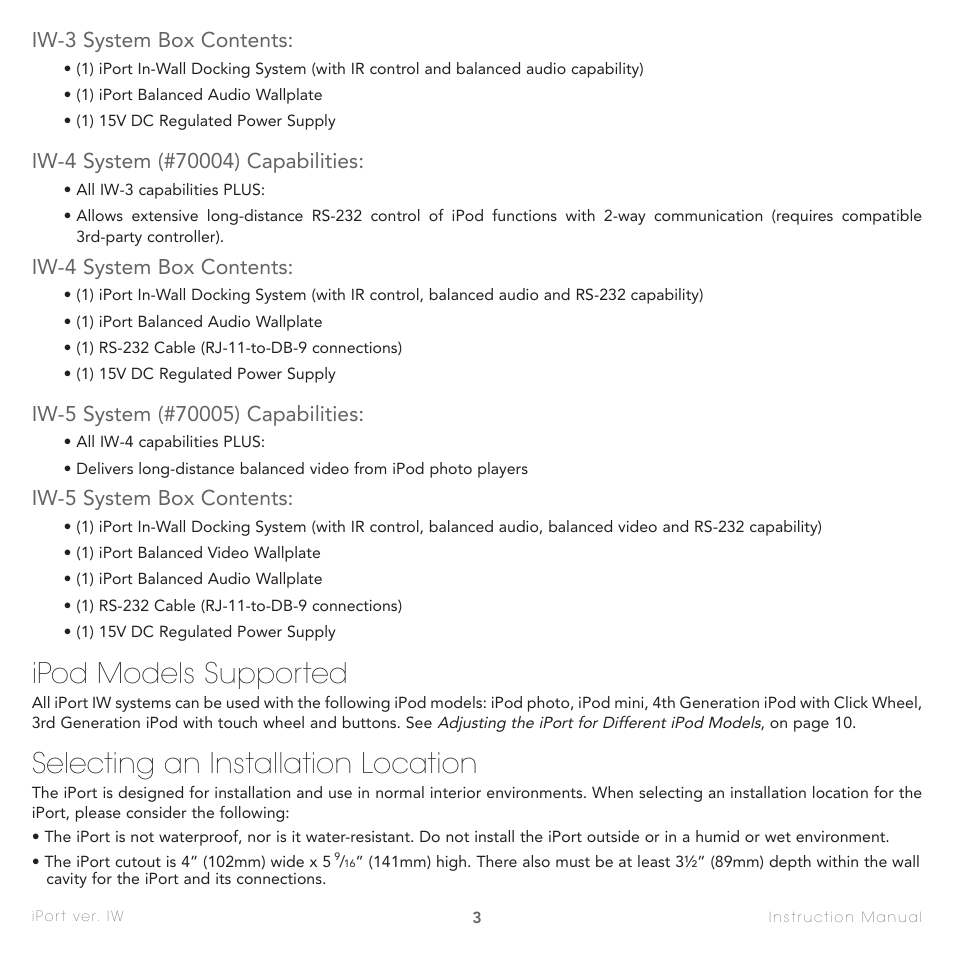 Ipod models supported, Selecting an installation location, Iw-3 system box contents | Iw-4 system box contents, Iw-5 system box contents | Sonance IW-1 User Manual | Page 3 / 16