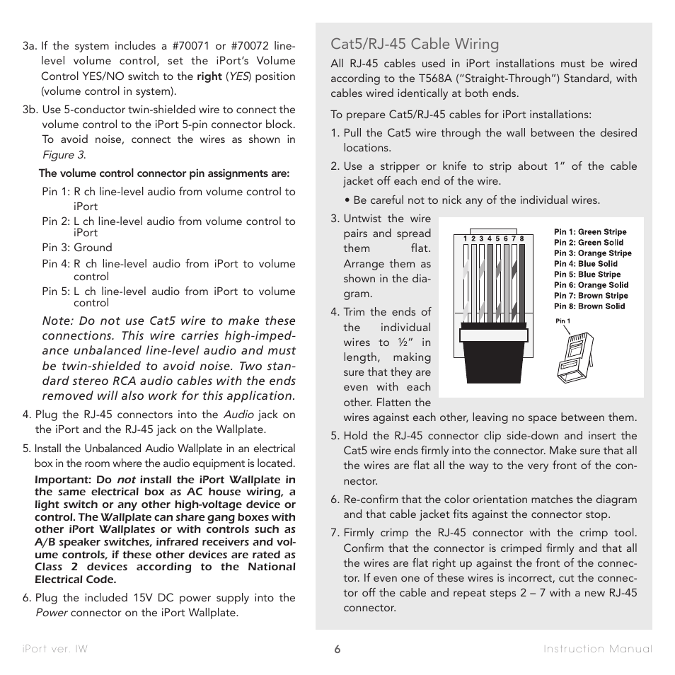 Cat5/rj-45 cable wiring | Sonance IW-1 User Manual | Page 6 / 16