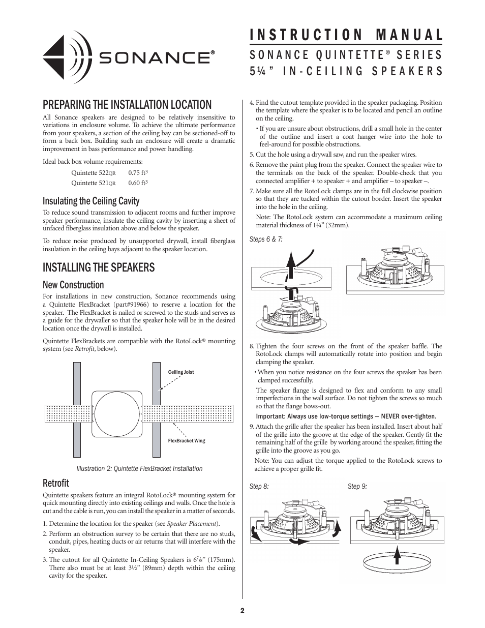 Preparing the installation location, Installing the speakers, Insulating the ceiling cavity | New construction, Retrofit | Sonance Quintette 521QR User Manual | Page 2 / 4